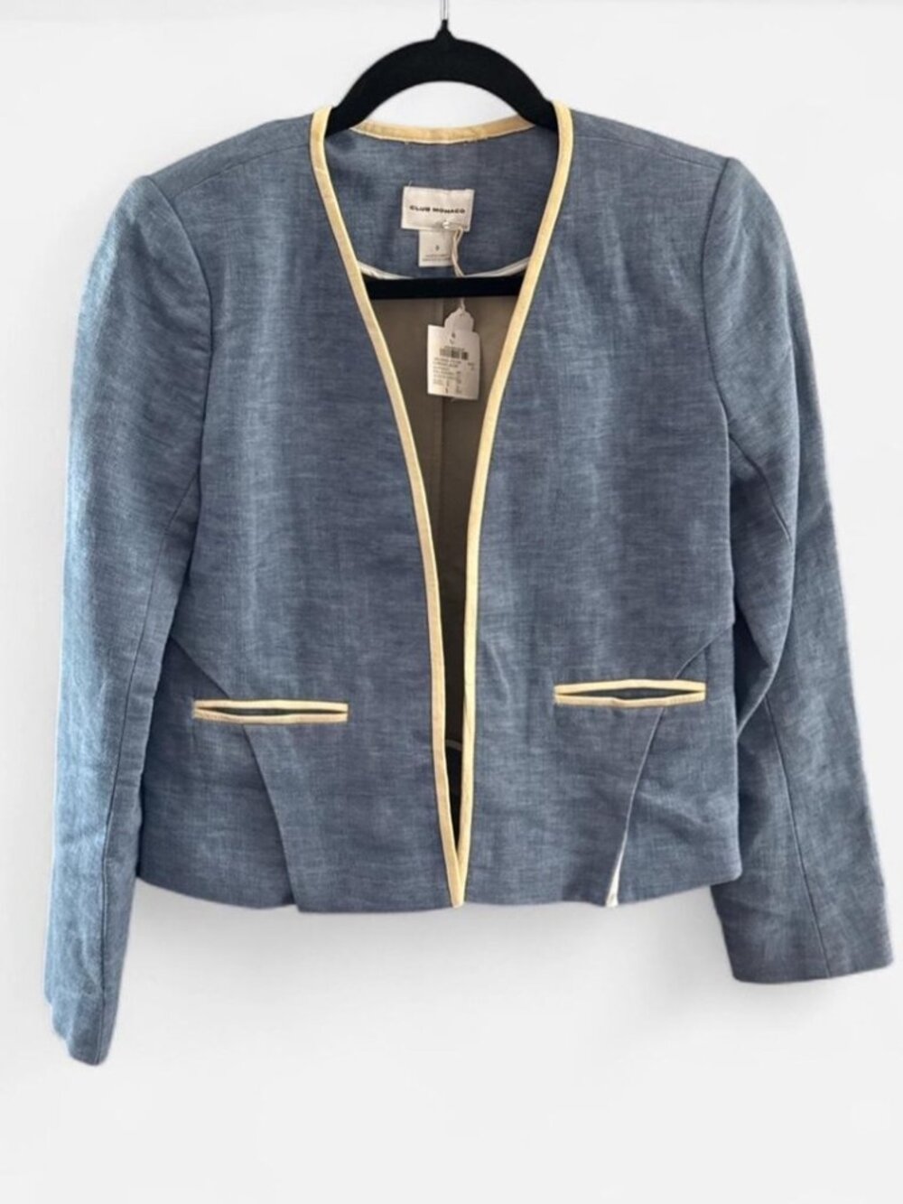 Club Monaco Blue Linen Cotton Blazer Cream Lamb Leather Trim Collarless Open Fro